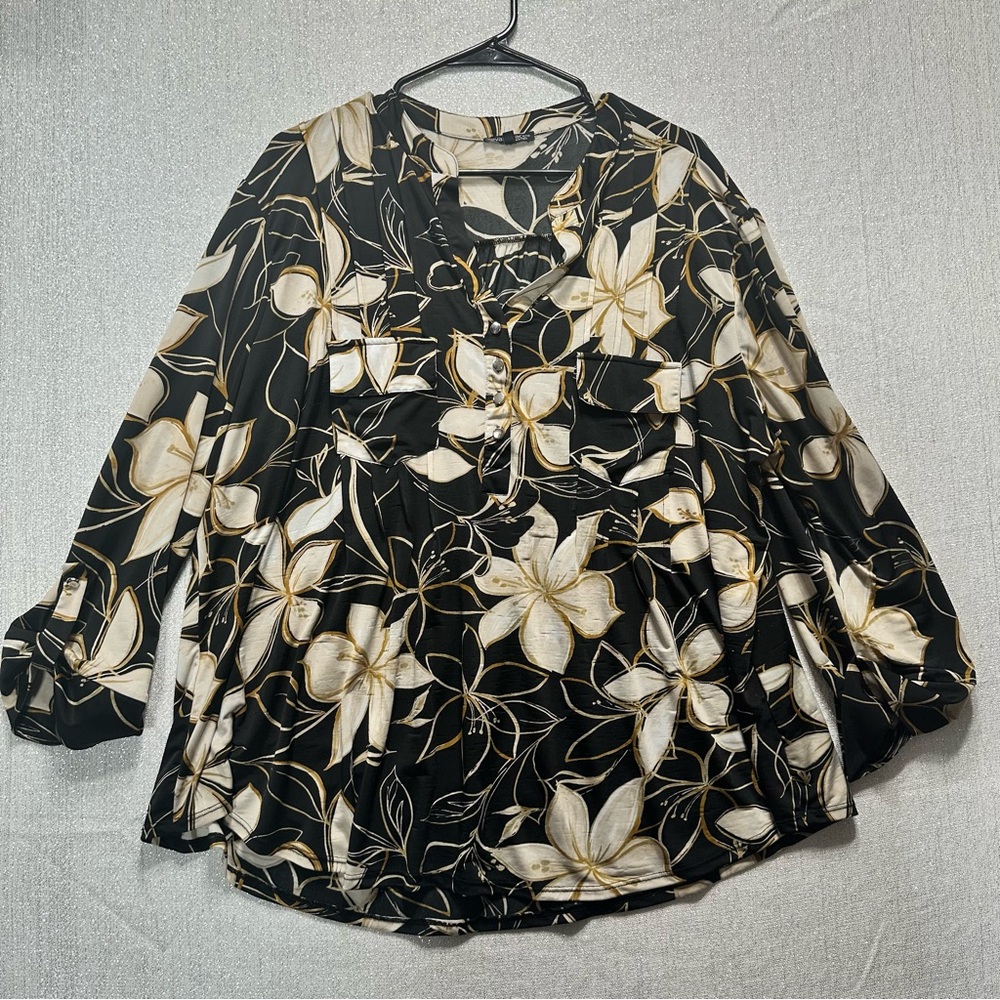Ava & Grace Black, Tan, and Cream Floral Blouse Size 3X